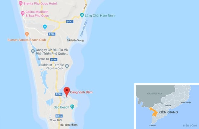 Cảng Vịnh Đầm (chấm đỏ) ở Phú Quốc. Ảnh: Google Maps.