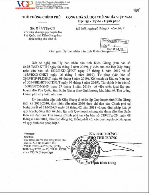 Công văn số 1193TTg-CN của Thủ tướng Chính phủ Vv chủ trương lập Quy hoạch đảo Phú Quốc, tỉnh Kiên Giang theo định hướng Đơn vị hành chính - Kinh tế đặc biệt