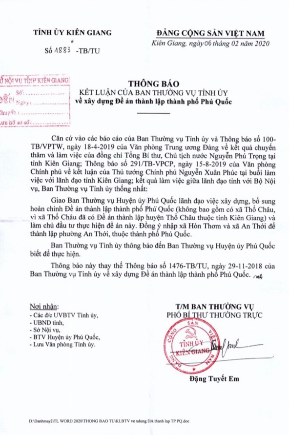 Thông báo số 1883 của tỉnh ủy Kiên Giang  kết luận về xây dựng đề án thành lập thành phố Phú Quốc