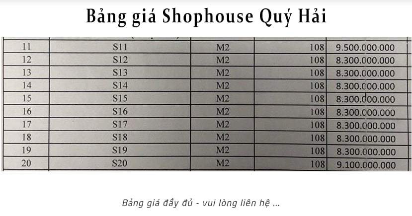 Bảng giá Shophouse Quý-Hải