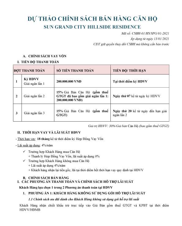 Chính sách bán hàng căn hộ Sun grand City HillSide Residence Phú Quốc