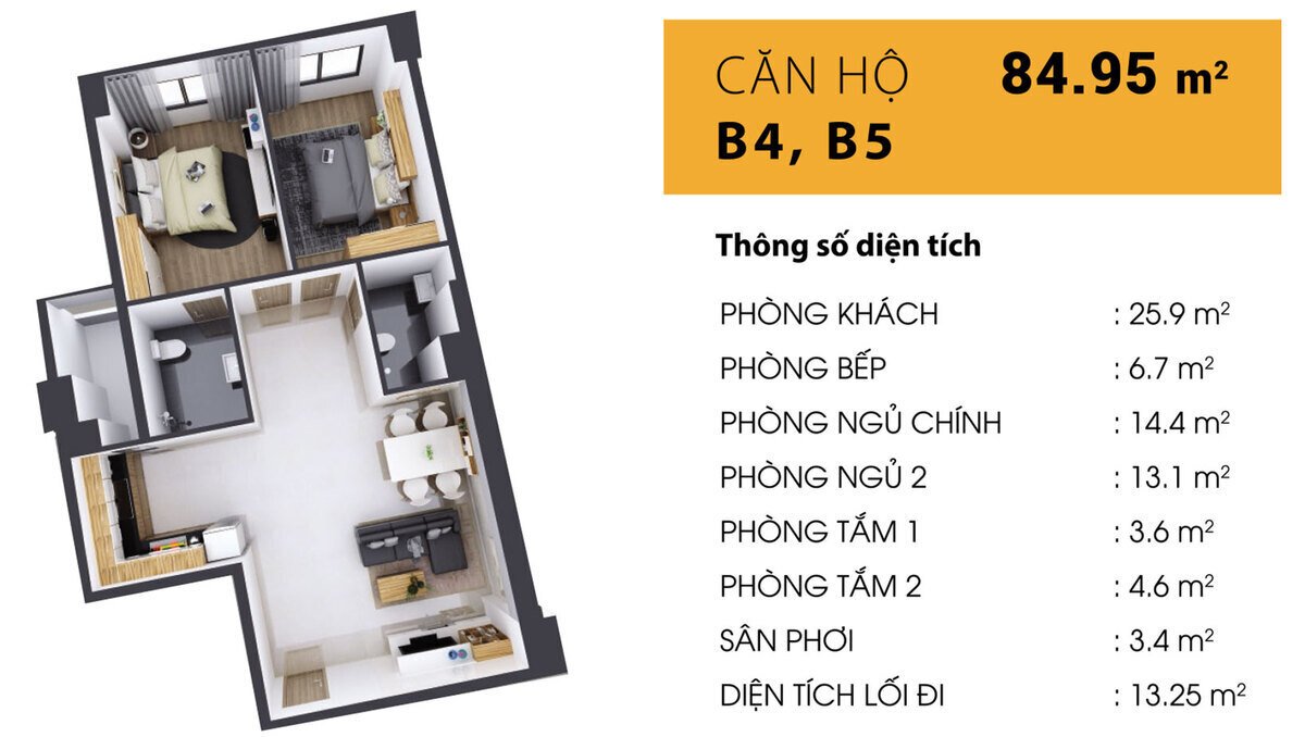 Mẫu căn hộ 2pn + 2wc (84,95 m2)