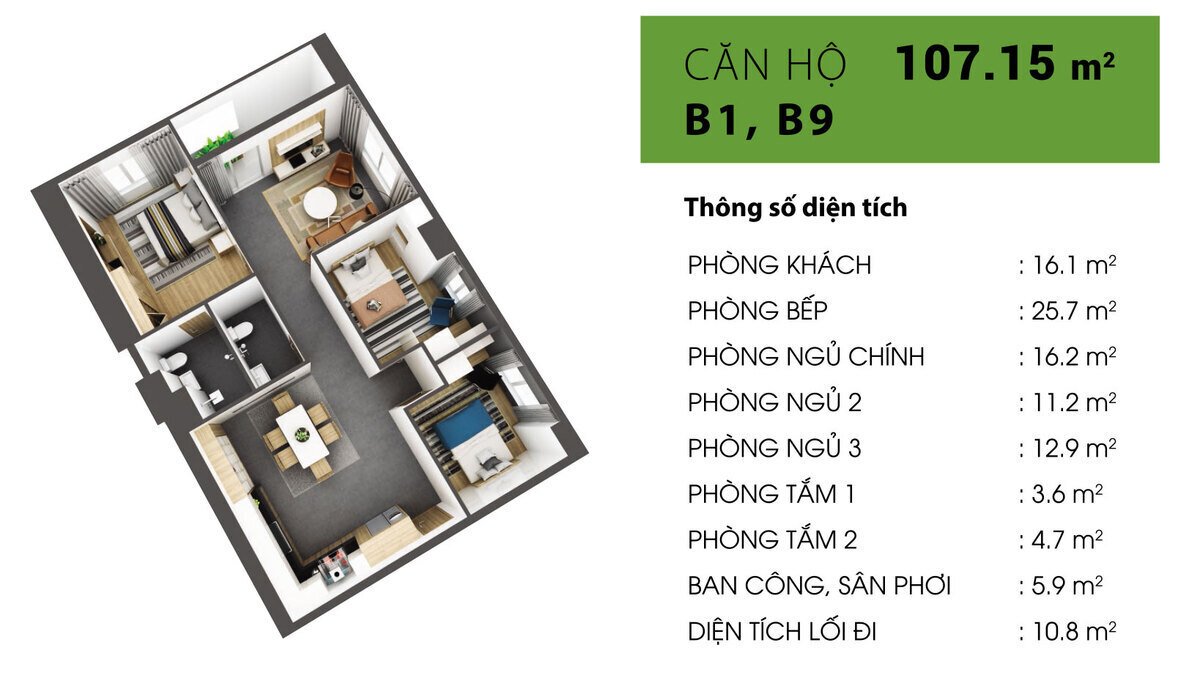 Mẫu căn hộ 3pn + 2wc (107,15 m2)
