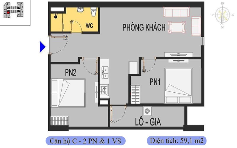 Căn hộ 2PN + 1 WC Him Lam Thượng Thanh