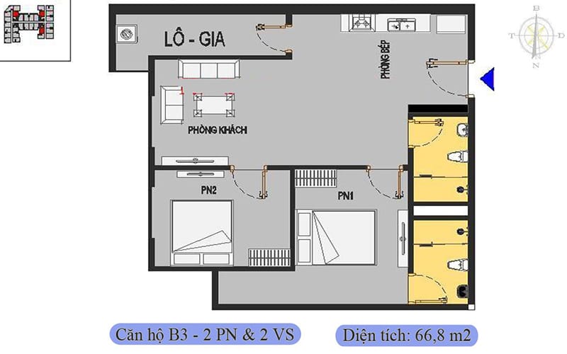 Căn hộ 2PN + 2 WC Him Lam Thượng Thanh