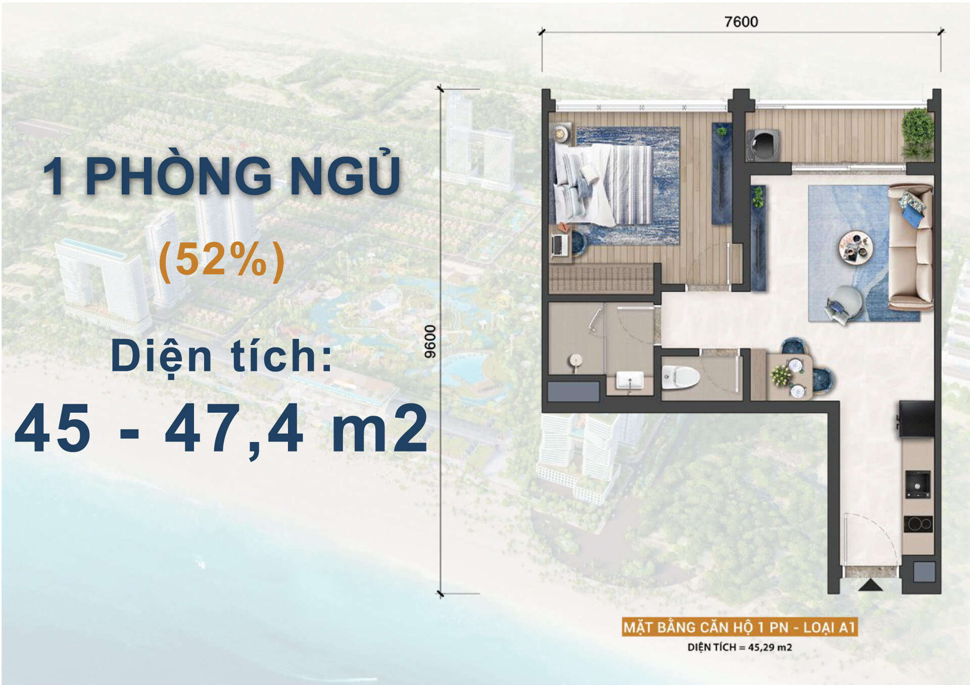 Thiết kế Căn hộ 1 Phòng ngủ Blanca Tower