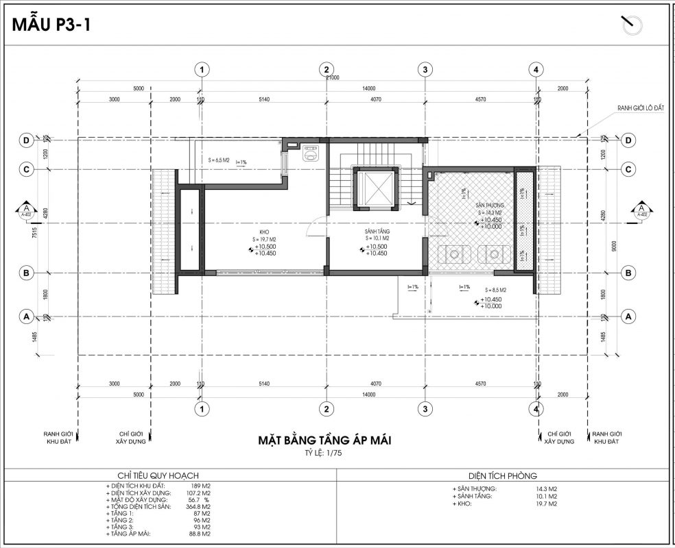 thiết kế biệt thự P3-1 tầng áp mái