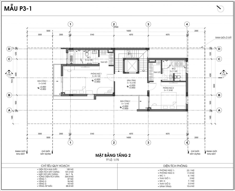 thiết kế biệt thự P3-1 tầng 2