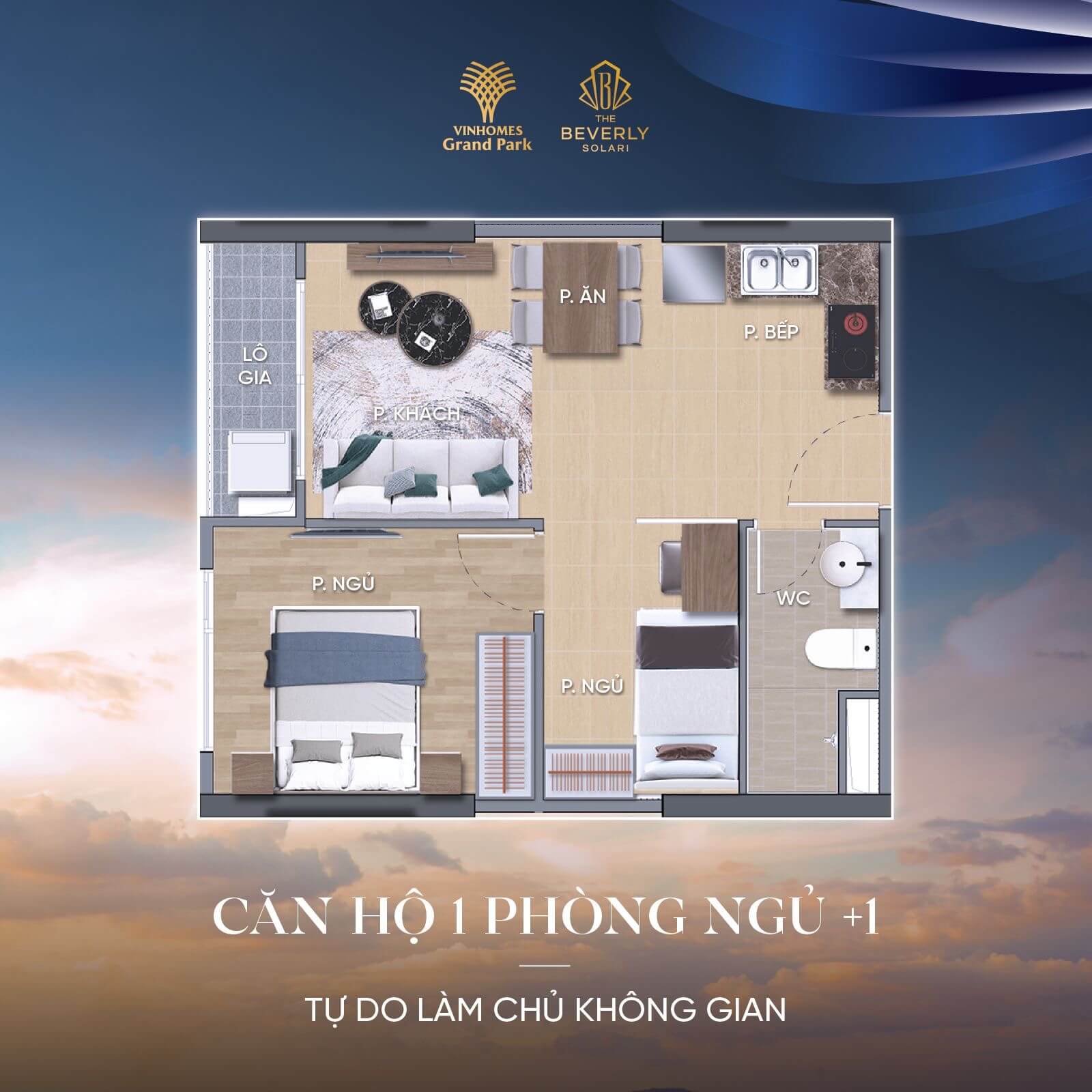 thiết kế căn hộ 1PN+1 The Beverly Solari