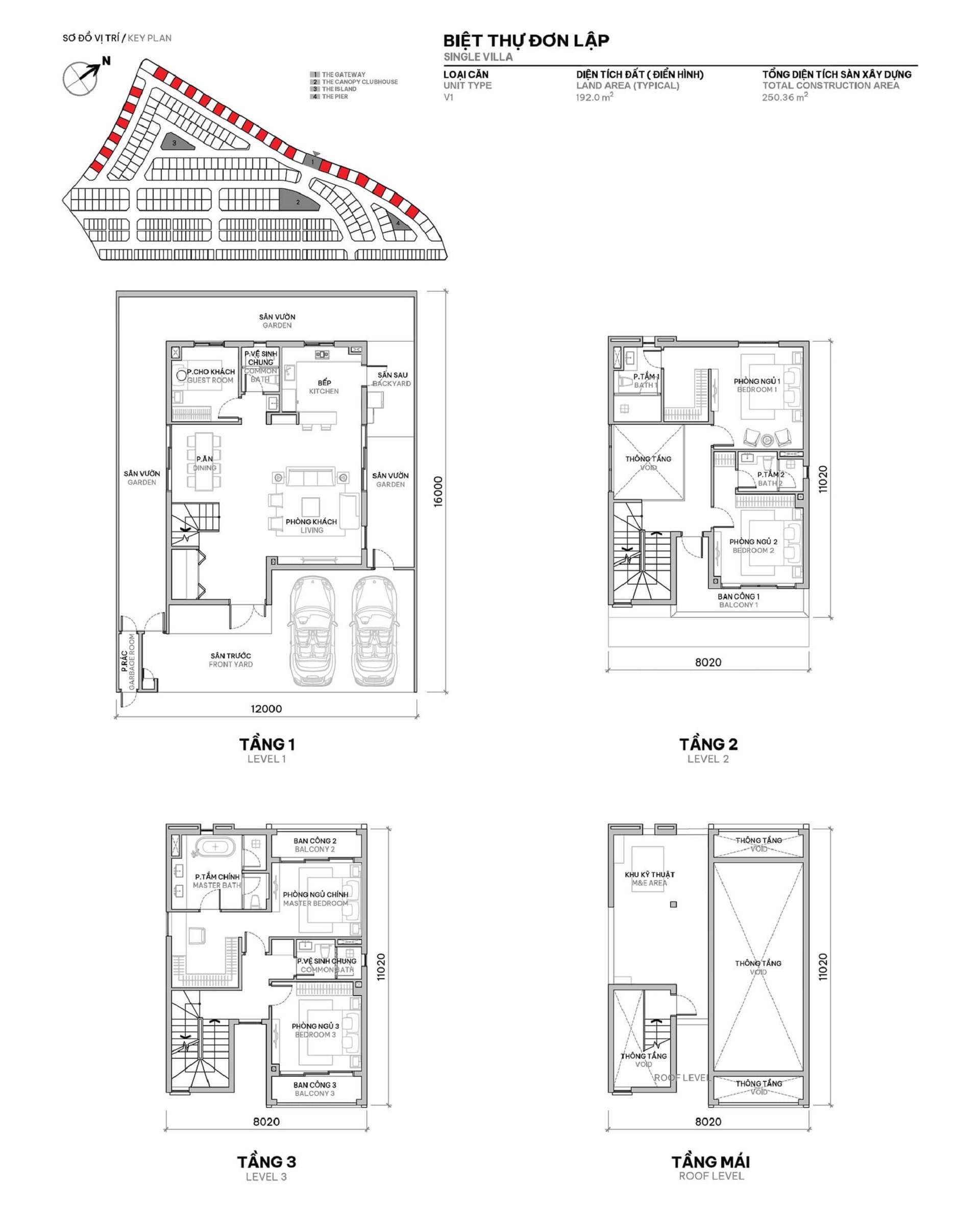 Layout thiết kế biệt thự đơn lập The Orchard với diện tích đất 192m2 và diện tích sàn xây dựng 250m2